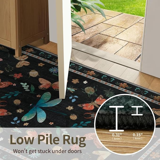 2x6 Floral Runner Rug, Washable Runners for Hallways, Black Vintage Boho Kitchen Rugs, Non Slip Hallway Runner Carpet for Indoor Hallway, Kitchen, Laundry Room and Bathroom(Black 2x6ft)