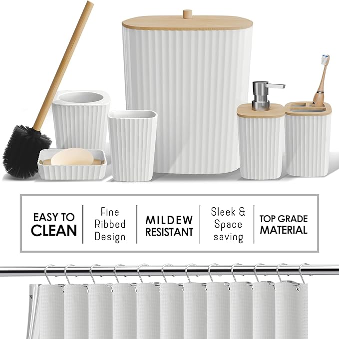 Clara Clark Bathroom Accessories Set - Bathroom Set, Bathroom Accessory Set, Shower Curtain Set, Toilet Brush, Trash Can & Soap Dispenser - White - 20PC