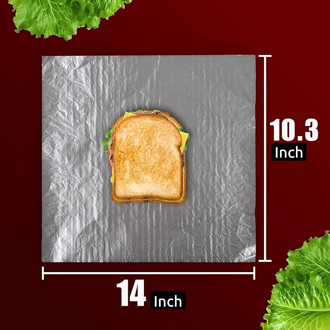 50 Packs Heavy Duty Insulated Aluminum Foil Sheets – 14" x 10.3" Disposable Food Wraps for Sandwiches, Burritos, BBQ, Burgers, Hot & Cold Food