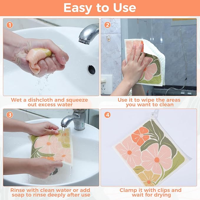 6 Pack Swedish Dishcloths for Kitchen,Abstract Floral Swedish Rags Dish Towels with Clips, Reusable Paper Towels Washable Absorbent Cellulose Sponge Cloths No Odor for Cleaning Home Sink Kitchen