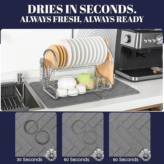 Large Folding Stone Dish Drying Mat for Kitchen Counter – Super Absorbent Diatomite Stone Drying Mat for Dishes, Cups & Bottles – Quick Dry, Space-Saving, Multi-Use Kitchen, Bath & Pet Mat – 23”×15”