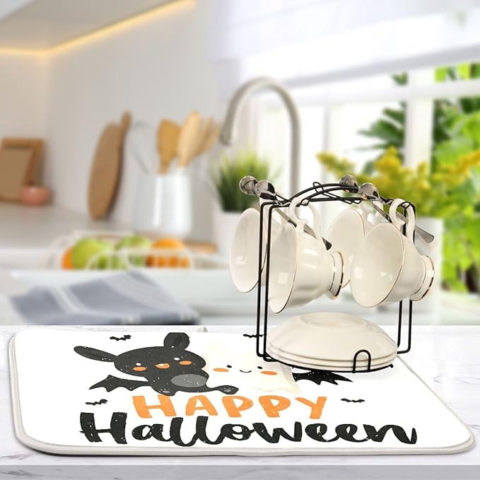 Happy Halloween Dish Drying Mat for Kitchen Counter Super Absorbent Drying Mat 16x18 inch Large Dish Drying Matts for Countertop Protector Dishes Pad