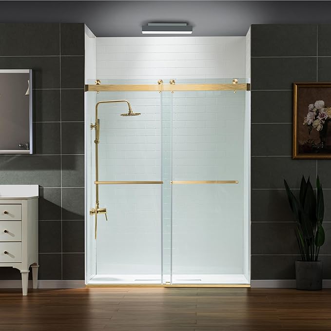 Woodbridge Frameless Shower Doors 56-60" Width x 76" Height with 5/16"(8mm) Clear Tempered Glass, 2 Ways Opening & Double Sliding in Brushed Gold Finish