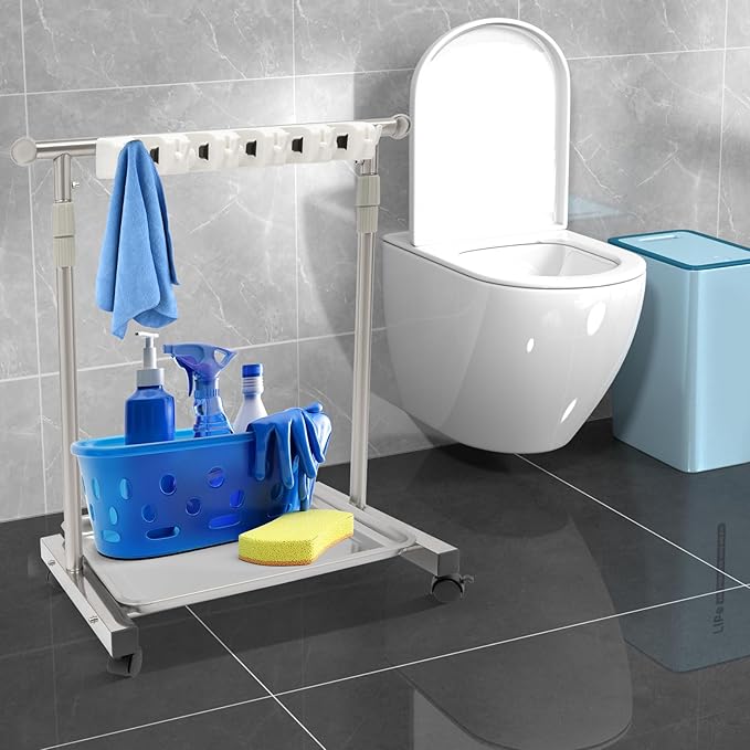 Wet Mops Rack Movable Broom Holder, Movable Closet Storage Cabinet Mop Rack with 5 Slots 6-Hook, Floor Standing Cleaning Tool Racks for Garden Garage Schools Hotels Hospitals Property Companies