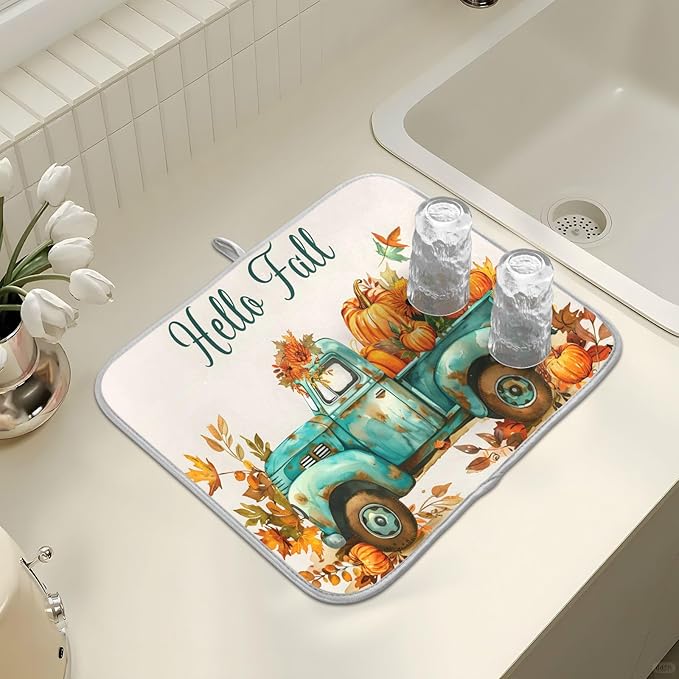 Vintage Fall Truck with Pumpkins Autumn Leaves Dish Drying Mat for Kitchen Counter Absorbent Microfiber Large Drying Pad Dish Mats for Kitchen Countertops 18 x 24 Inch