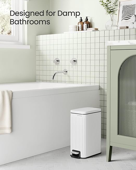 SONGMICS Bathroom Trash Can, 1.6-Gallon (6 L) Trash Bin with Lid, Slim for Small Spaces, Stainless Steel Garbage Can, Soft Close, White ULTB563W02