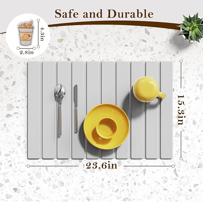 Stone Dish Drying Mats for Kitchen Counter-23.6“x 15.3”Eco-Friendly,Foldable quick dry stone mat kitchen,Absorbent Diatomaceous Earth Mats for Dishes Bottles Cups Bathroom Any Countertop-Light Gray