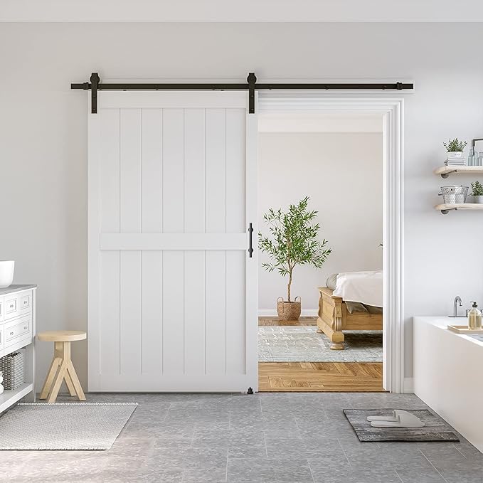 SmartStandard 48 x 84 inch White Sliding MDF Barn Door with 8FT Black Sliding Door Hardware Kit & Handle, Pre-Drilled Ready to Assemble, Waterproof PVC Coating, H-Frame