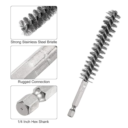 HARFINGTON 5Pcs Bore Brush Stainless Steel 15mm Dia Cleaning Twisted Wire Brush Tube Pipe Cleaner with Handle 1/4 Inch Hex Shank for Tubes, Ports, Bearings
