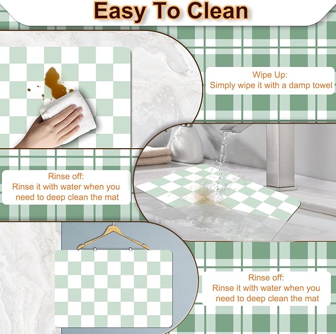 Dish Drying Mat for Kitchen, 16'' x 24'' Coffee Bar Mat for Countertops, Checkered Coffee Station Mats with Non-slip Rubber Backed, Absorbent Dish Dying Mat for Kitchen Counter, Green & White