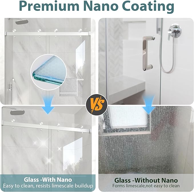 KPUY Frameless Shower Door, 49-54" W x 76" H Double Sliding Glass Shower Door, 1/4" (6mm) Thick Tempered Clear Glass with Explosion-Proof Film Nano Coating, Brushed Nickle
