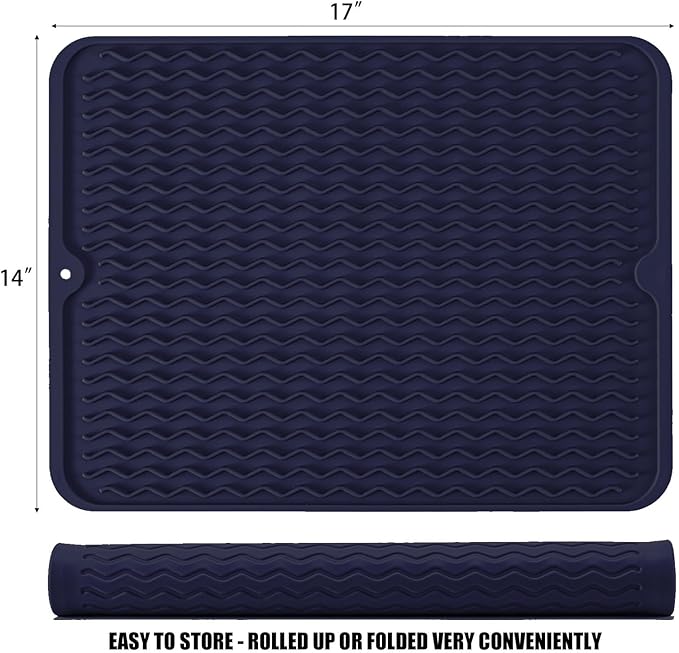 Large 17" x 14" Silicone Dish Drying Mat for Kitchen Counter, Easy clean, Quick Dry, Heat-resistant Dish Drainer Mat for Sink,Refrigerator or Drawer liner (Food Grade Silicone-Dark Blue)