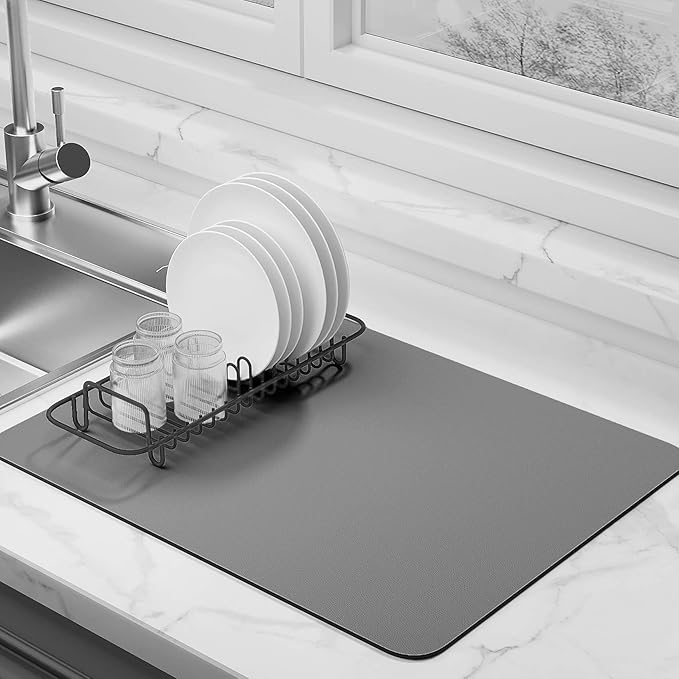 Dish Drying Mat for Kitchen Counter Super Absorbent Drainer Mats with Non-slip Rubber Backed Hide Stain Heat Resistant Easy to Clean Dish Rack Mat (Gray, XL-31.5"x17")