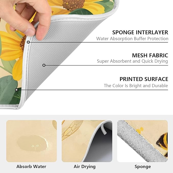 Honey Bee Dish Drying Mat for Kitchen Counter Absorbent Microfiber Small Drying Pad Dish Yellow Flowers Leaves Mats for Kitchen Countertops 16 x 18 Inch