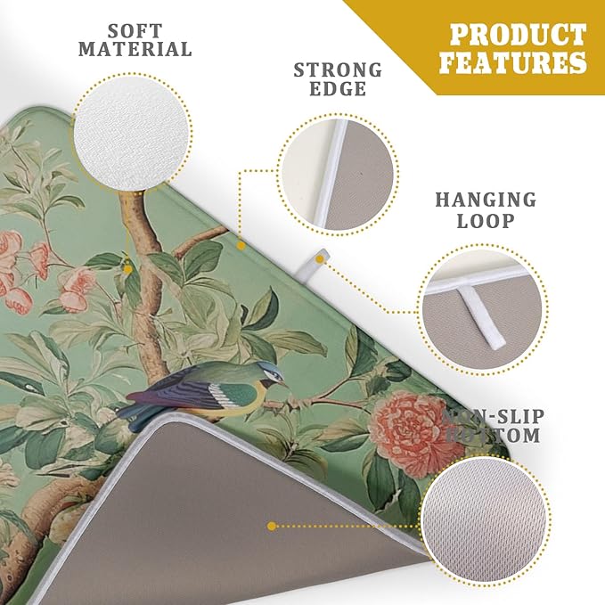 Khope Green Chinoiserie Dish Drying Mat for Kitchen Counter 18x24 Inch Spring Vintage Bird Flower Reusable Washable Farmhouse Flower Drying Pad Countertop Home Decor