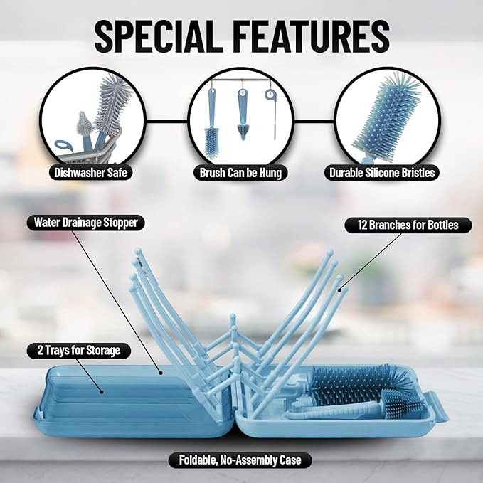 Bottle Brush Set Cleaner Silicone Brushes - Premium Food-Grade Silicone - Travel Friendly Portable Baby Bottle Cleaner Kit (Blue, Classic Style)