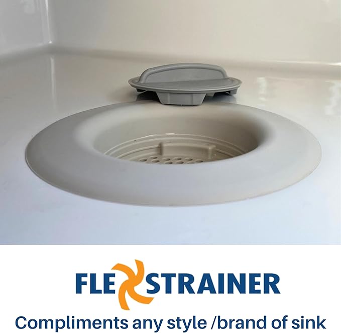 Flex Strainer® Sink Drain Strainer with Optional Stopper – No Center Stem, Fits Standard 3½” Sink Drains & Disposals – Easy Clean, Dishwasher Safe – Made in USA – Grey, 2-Pack