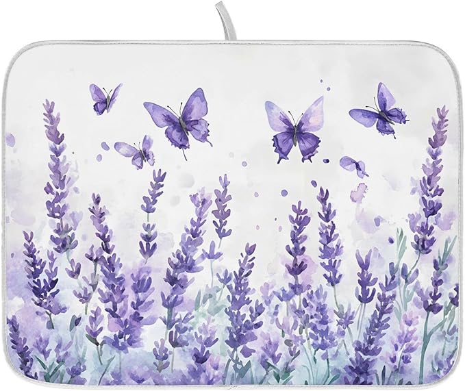 Purple Lavender Spring Summer Flower Floral Dish Drying Mat for Kitchen Counter Absorbent Microfiber Small Drying Pad Dish mats for Kitchen Countertops 16 x 18 Inch