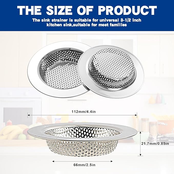 RQYEKDO Kitchen Sink Drain Strainer,2 Pack Stainless Steel Sink Drain Basket with Large Wide Rim 4.4 Inch Diameter,Kitchen Sink Strainer Cover, Hair Food Catcher &Mesh Filter(Silver)