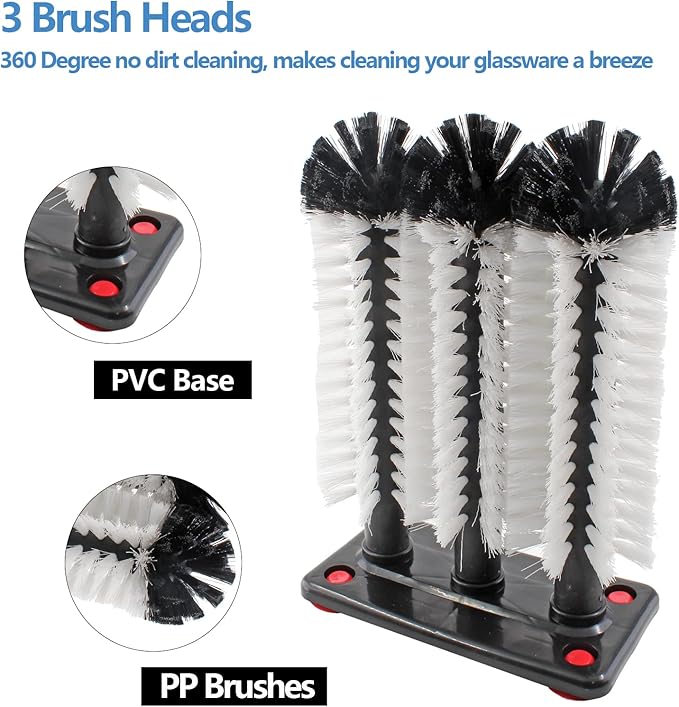 3 Long Brush Bar Glass Washer with Suction Base, Commercial Brush Cleaner Bristle Brush for Kitchen Bar Beer Cup, Long Leg Cup, Red Wine Glass, 10.2"x7.3"x3.7"
