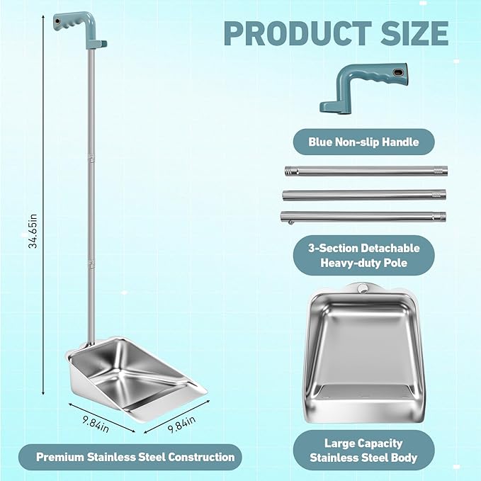Leumoi 4 Pack of Dust Pans with Long Handle Set, 35" Stainless Steel Long Handled Stand up Dust Pans with Handle for Home, Office, Restaurant, Indoor and Outdoor Floor Cleaning