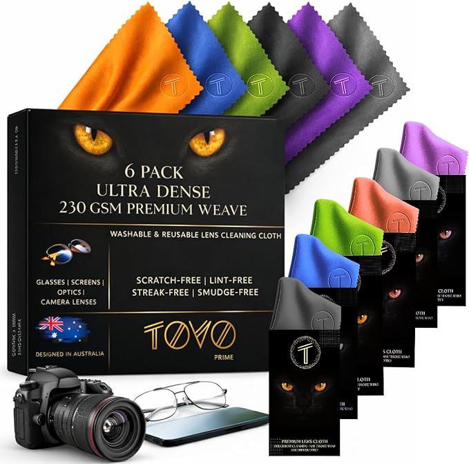 Microfiber Lens Cleaning Cloth for Glasses & Camera | 6 Packs |Australian Designed | 6"x7", 230 GSM | Eyeglass Lens Cleaner | Glasses Cleaning Cloths | Screens, Tablet, Laptop & Headset