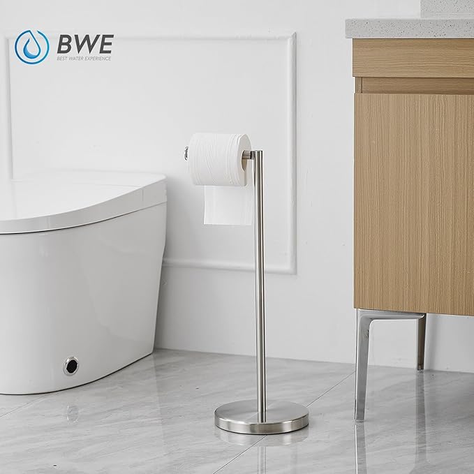 BWE Brushed Nickel Toilet Paper Holder Stand Modern Tissue Roll Holder Storage for 4 Rolls of Paper, Stainless Steel Free Standing Toilet Paper Holder Bathroom Accessories with Weighted Base