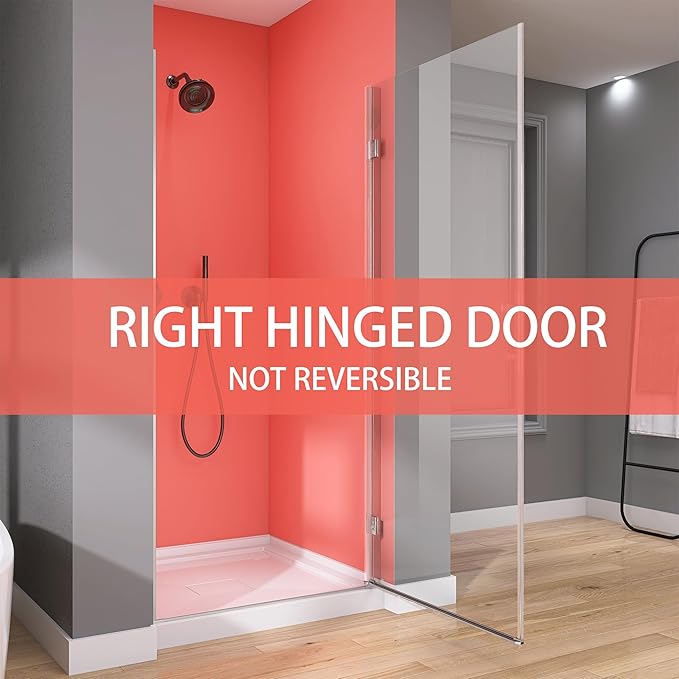 GETPRO Frameless Pivot Shower Door Hinged 30 in. W x 72 in. H Swing Single Small Shower Door 1/4 inch Tempered Glass Panel Adjustable Right Hinged Bathroom Door for Shower Chrome Hardwares