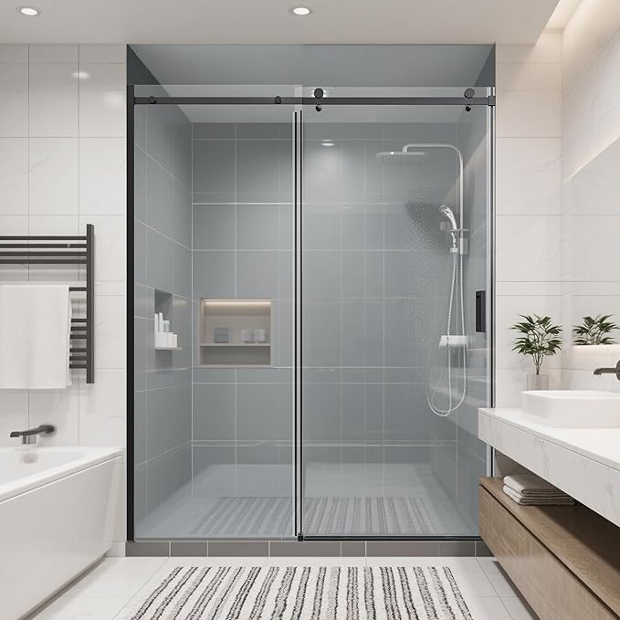 56-60" W x 74" H Frameless Shower Doors, Bathroom Single Sliding Shower Glass Doors with 5/16" (8mm) Clear SGCC Tempered Glass and Stainless Steel Handle, Reversible Installation, Matte Black