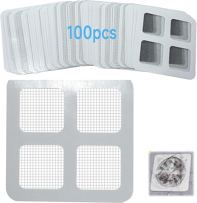 100 Pack Shower Drain Hair Catcher Waterproof Disposable Square Mesh Stickers, Hair Trap for Shower Drain for Bathroom Bathtub Kitchen Sink Clog Prevention (100)