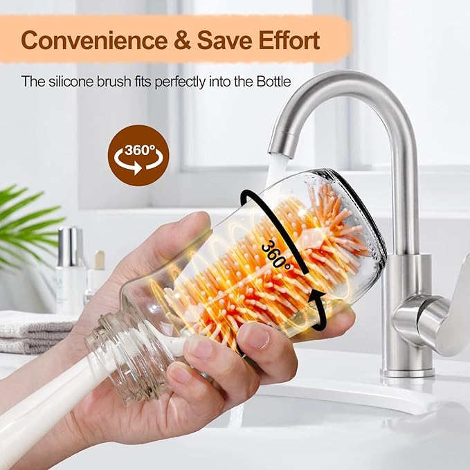 Bottle Brush Set,Travel Bottle Cleaner Kit with Baby Bottle Brush,UV Light,Straw Brush,Nipple Brush,Bottle Drying Rack for Home and Travel(Orange,Box-Shaped)