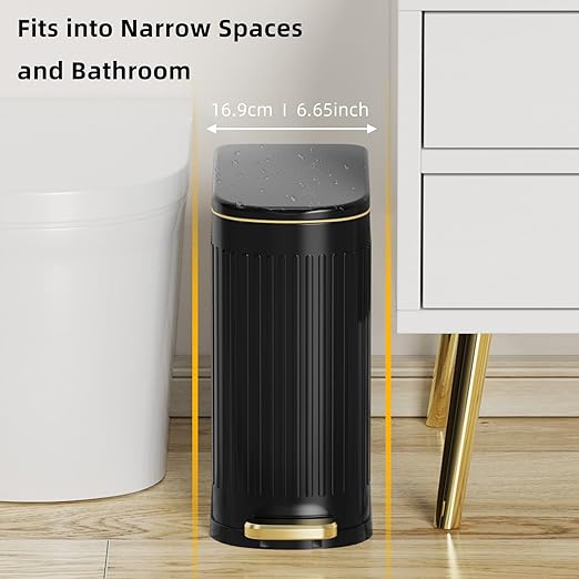 2.6 Gallon Slim Bathroom Trash Can with Soft Close Lid, 10L Stainless Steel Garbage Can with Removable Liner Bucket, for Narrow Spaces, Bathroom, Bedroom (Matt Black)