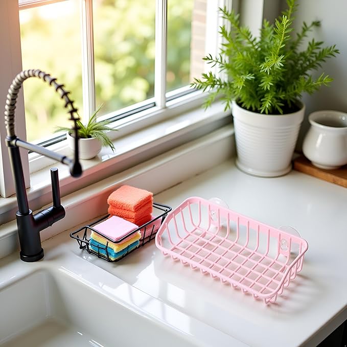 Pink Multifunctional Drain Rack,Hanging Storage Rack Drain Rack Sink Shelf Suction Cup Dishwashing Soap Sponge Holder for Kitchen Accessories