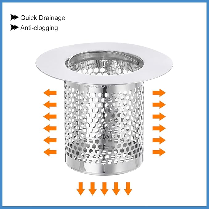 uxcell 2 Pack Shower Drain Strainer, 2" x 2.5" Stainless Steel Floor Drain Strainer Deep Sink Hair Catcher for Kitchen Bathroom Balcony Floor Drain, Fit Hole Size from 1.57" to 2.56"