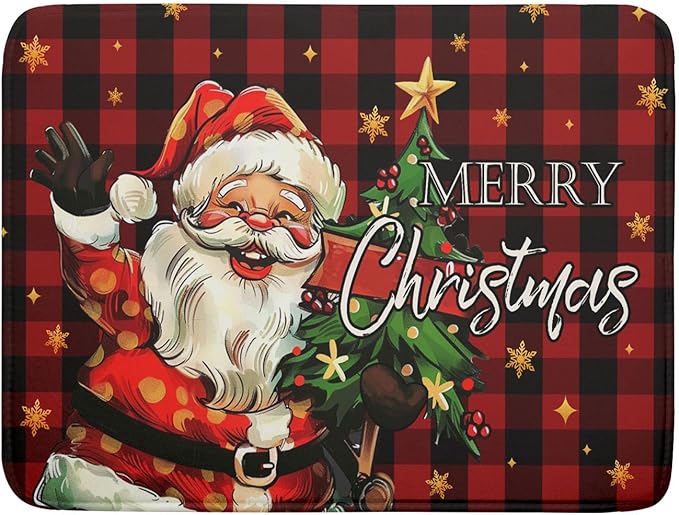 Merry Christmas Santa Claus Red Buffalo Plaid Dish Drying Mat for Kitchen Counter,Winter Snowflake Xmas Tree Drying Mat 18 x 24 Inch with Absorbent Reversible Microfiber Dish Drying Pad for Coffee Bar