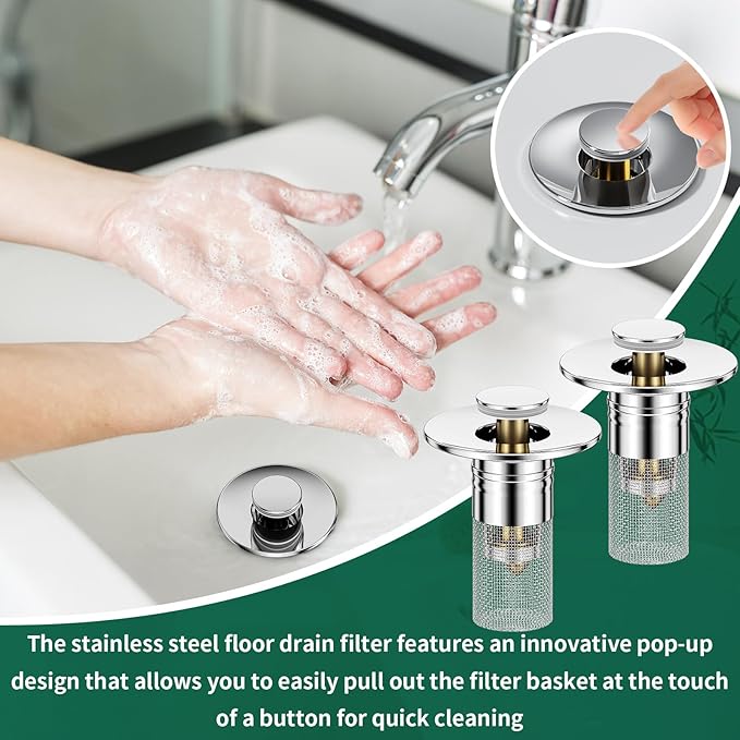 3 in 1 Sink Drain Strainer with Hair Catcher,4PCS Stainless Steel Popup Sink Stopper with Basket for Bathroom Kitchen Shower,Pop-up Bounce Core Floor Basin Drain Filter,Replacement Sink Plug