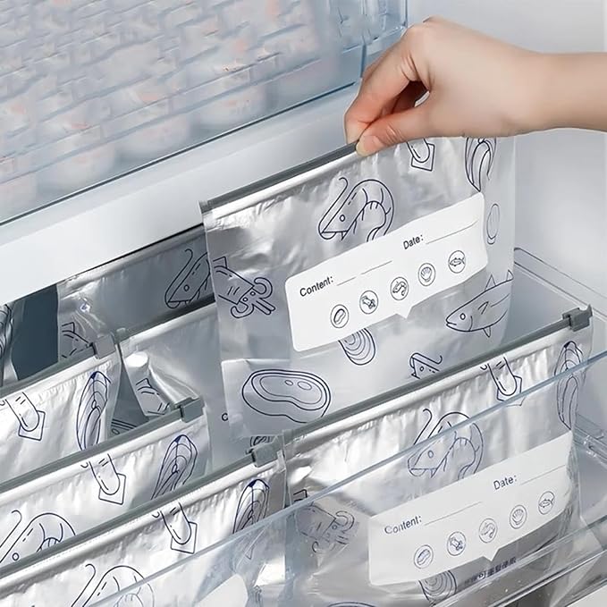 Reusable Aluminum Foil Sealable Storage Bags, 2025 New Resealable Vacuum Zipper Pouches for Food, Stand Up Foil Sealable Bags with Label and Zip Lock for Vegetable Fruit Meat (30PCS, Medium)