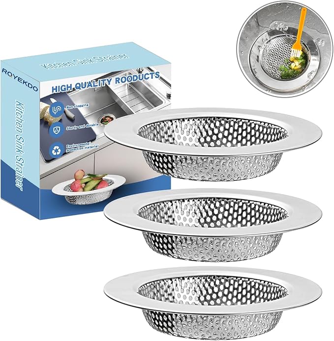 ROYEKDO 3PC Kitchen Sink Strainer Stainless Steel with CoarseMesh | 4.4 inch Wide Rim Drain Strainer | Fits Standard Sinks &Garbage Disposals (Silver)