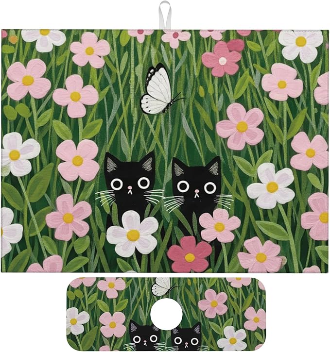 Pink Floral Cat Dish Drying Mat for Kitchen Counter, 18"x24" Microfiber Absorbent Fast Dry Mat, 2Pcs Dish Mat Faucet Mats Sets, Large Drying Kitchen Mat Kitchen Drying Pad Coffee Bar Decor Gifts