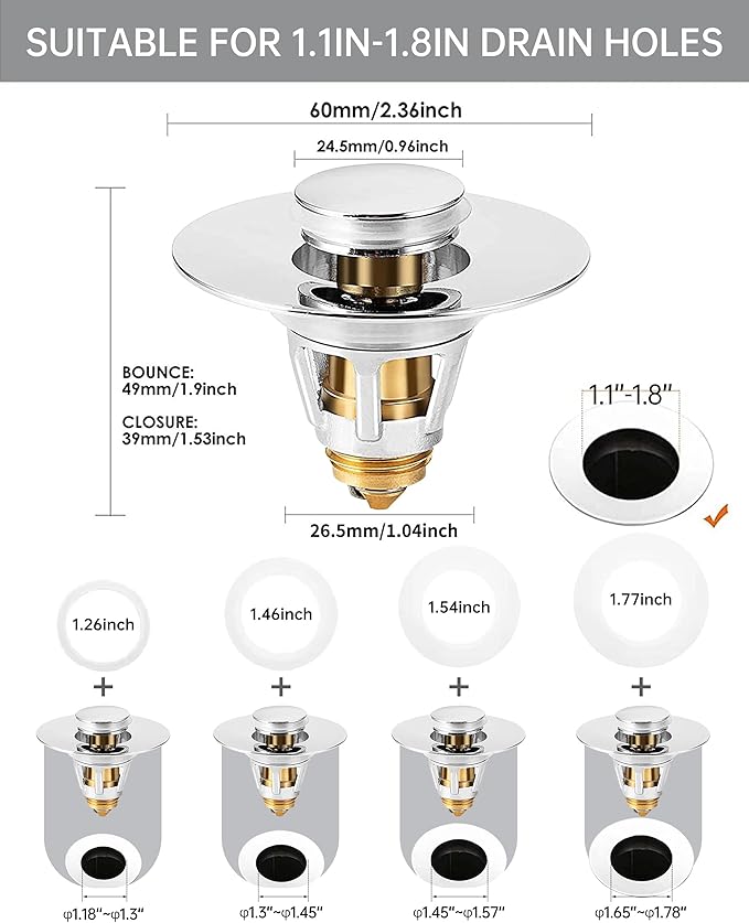 Fransiton Bathroom Sink Drain Stopper, 1.1-1.77 Inch Basin Pop Up Sink Drain Stopper, Anti Clogging Drain Plug with Detachable Hair Catcher, Chrome Plated