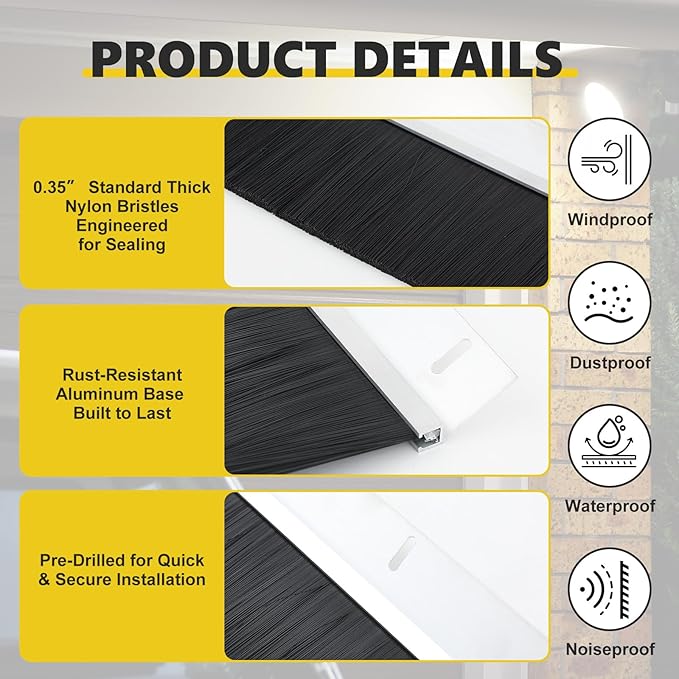 8×8ft Garage Brush Seal Kit for Roll-up Doors 3" Standard Brush with Aluminum Track Weatherproof Door Bottom Seal for Commercial, Warehouse, Barn Sliding, Hangar, and Corrugated Doors