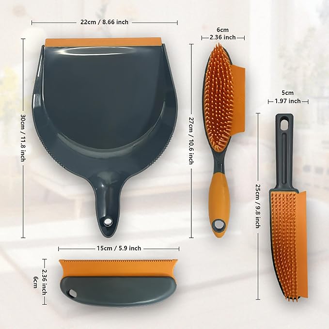 Pet Hair Removal Set with Double-Sided Carpet Brush, Dustpan and Comb, Professional Cleaning Tools for Carpet, Sofa, Car Mat, Orange and Grey, 4 Pieces