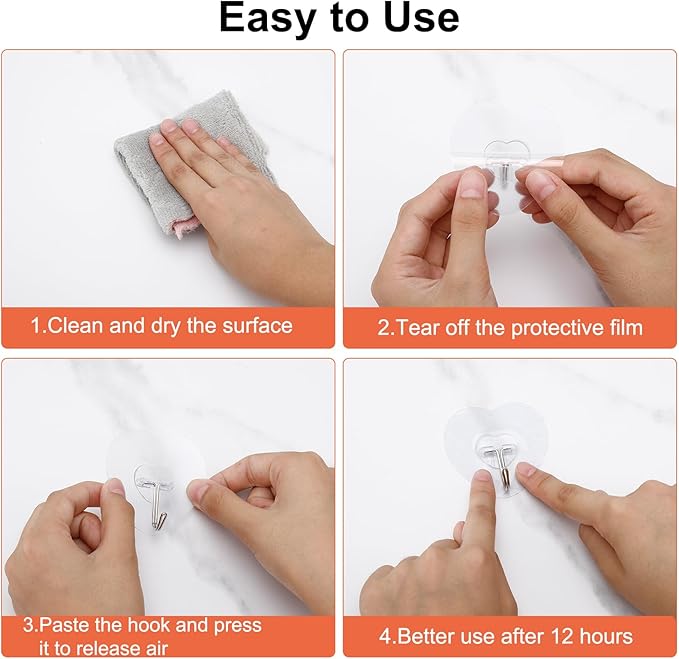 Adove Adhesive Hooks for Hanging, 24 Pack Heavy Duty Wall Hooks, Towel Coat Hooks Waterproof, Transparent Self Adhesive Sticky Hook for Kitchen Keys Glass Door,No Nail Utility Ceiling Hooks