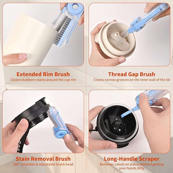4 in 1 Cup Lid Cleaning Brush Set (3 Pcs, Blue,Orange,Beige) Foldable Cup Lid Cleaning Brush Set Folds in Completely Design