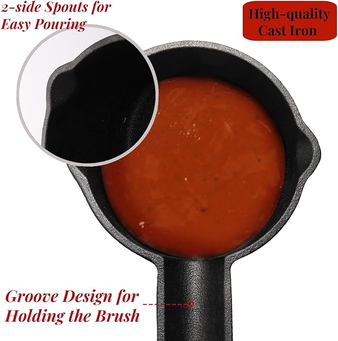 Cast Iron Sauce Pot and BBQ Mop Brush Set for Grilling, 7 Pcs Barbecue Accessories Include Basting Melting Saucepan, Wooden Sauce Mop with 4 Replacements for Meat Smoker, Grill, Stove