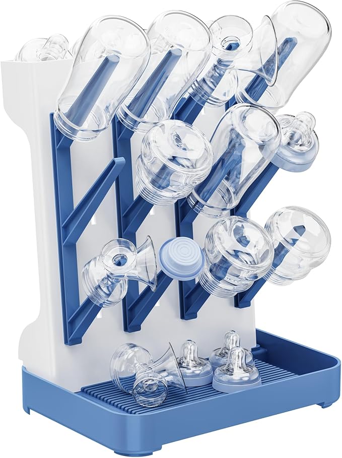 Dayacoco Baby Bottle Drying Rack, Space Saving Vertical Bottles Dryer Holder, Standing Bottle Drying Rack for Countertop Kitchen Organize Bottles, Brushes, Baby Accessories (Blue)