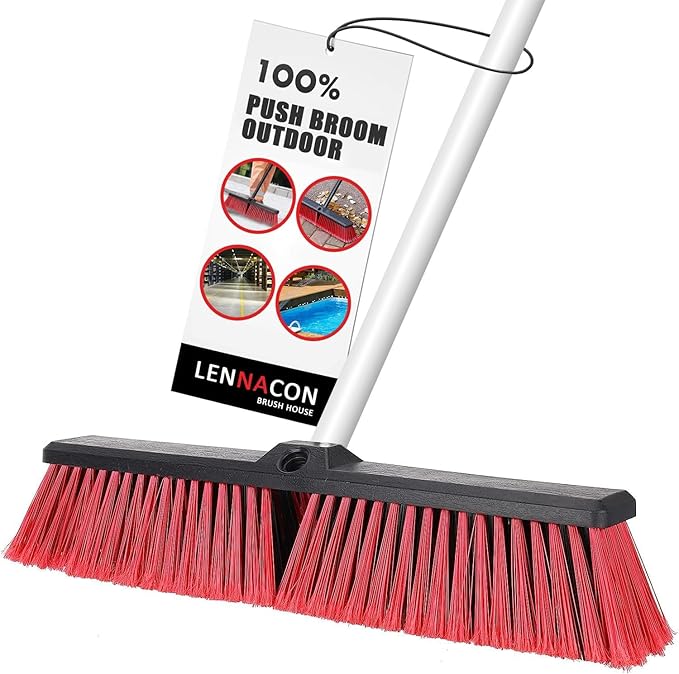 18" Push Broom Outdoor Heavy Duty, Snow Broom with Long Handle, Shop Broom Garage Push Broom for Garden, Patio, Garage, Bathroom, Kitchen, Tub, Carpet, Tile, Deck, Concrete, Industrial (Red White)