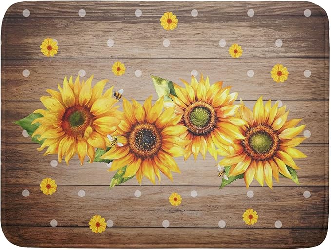 Summer Sunflower Bee Dish Drying Mat for Kitchen Counter,Rustic Yellow Flowers White Polka Dots Drying Mat 18 x 24 Inch with Absorbent Reversible Microfiber Drying Pad for Coffee Bar