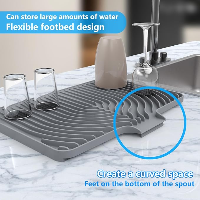 Kitchen Drying Mat for sink with a bulged edge,10"14"18"20"Silicone Dish Drying Mat with built-in Drain Spout, Rubber Dish Mat for Kitchen (18"×12"gray)