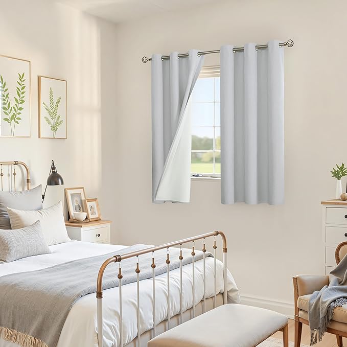 YoungsTex Linen 100% Blackout Curtains 48 Inch Length for Bedroom, Short Thermal Insulated Drapes with Grommet Heat Blocking for Living Room Window, Light Grey, 2 Panels, 42 X 48 Inch